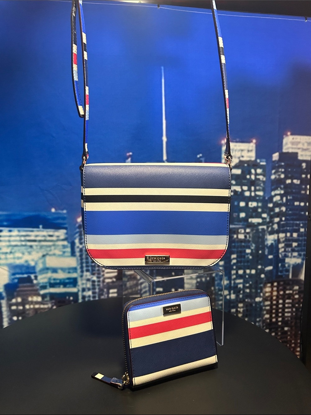 kate spade Navy, Blue, White & Pink Striped Crossbody Bag